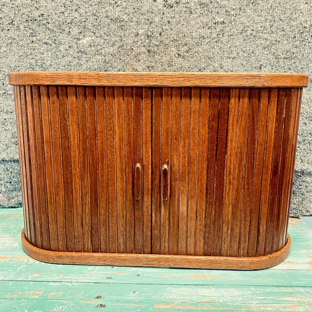 Vintage Wooden Tambour Door CD Storage Cabinet Media Organizer Roll Top Oak MCM